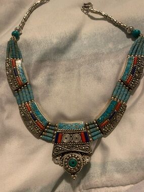Turquoise I think and Coral Beaded Statement Necklace - Women Jewelry sterling?